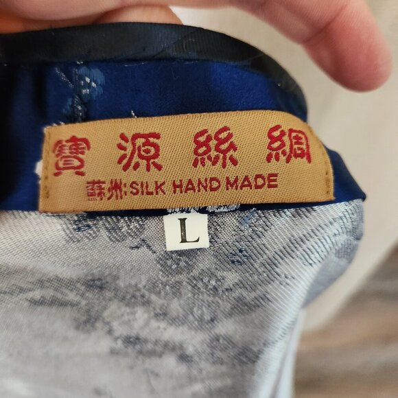 Chinese Silk Brocade Dark Blue White Cherry Blossom Cheongsam Blouse Size Large - Picture 5 of 5